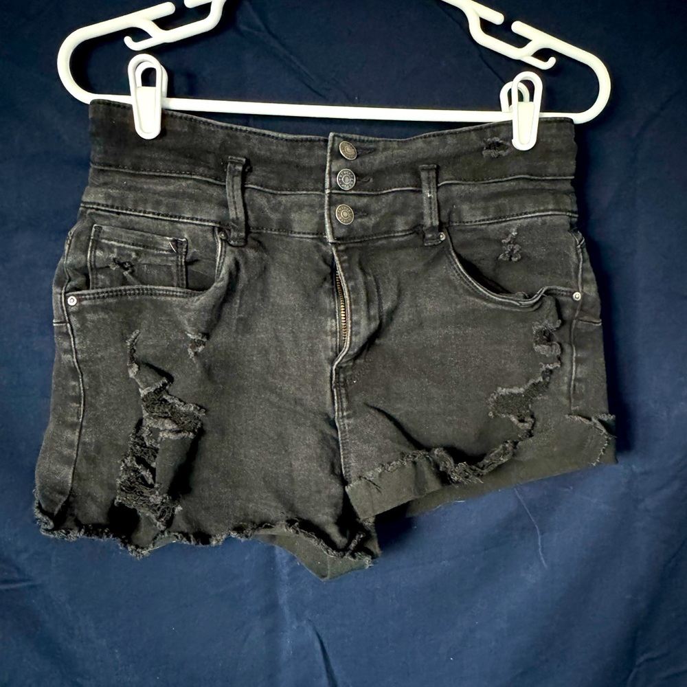 Grunge biker black ripped distressed jean shorts